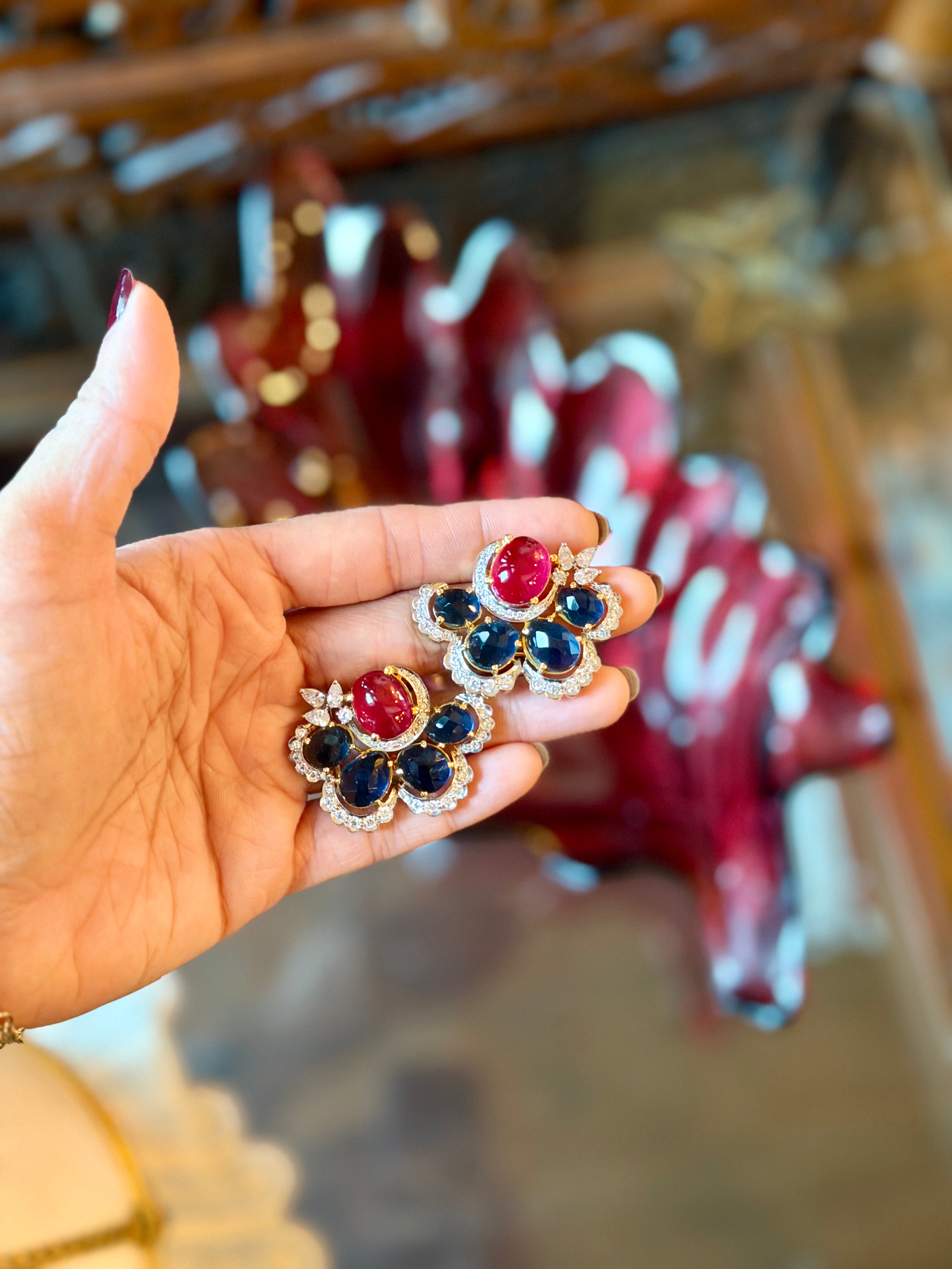Dewdrop Ruby & Sapphire Stud Statement Earrings