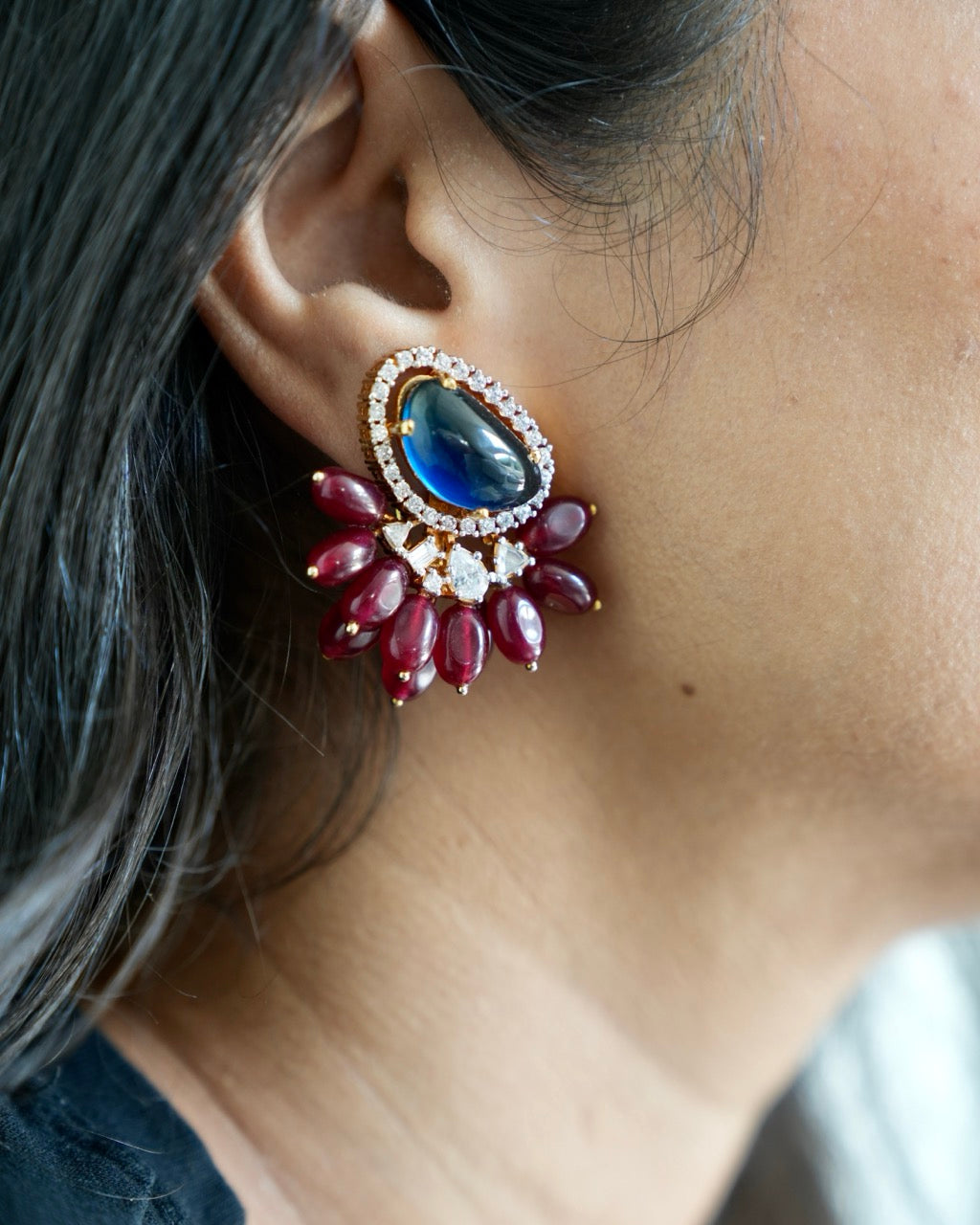 Leyla Navy & Burgundy Zircon Statement Earrings