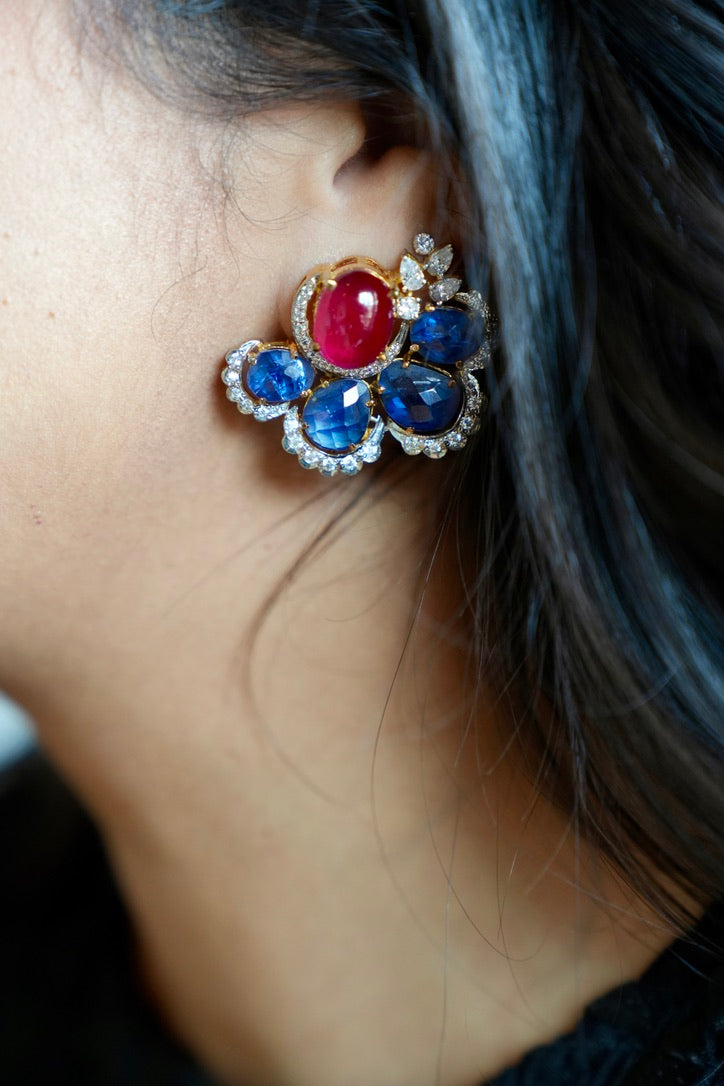 Dewdrop Ruby & Sapphire Stud Statement Earrings