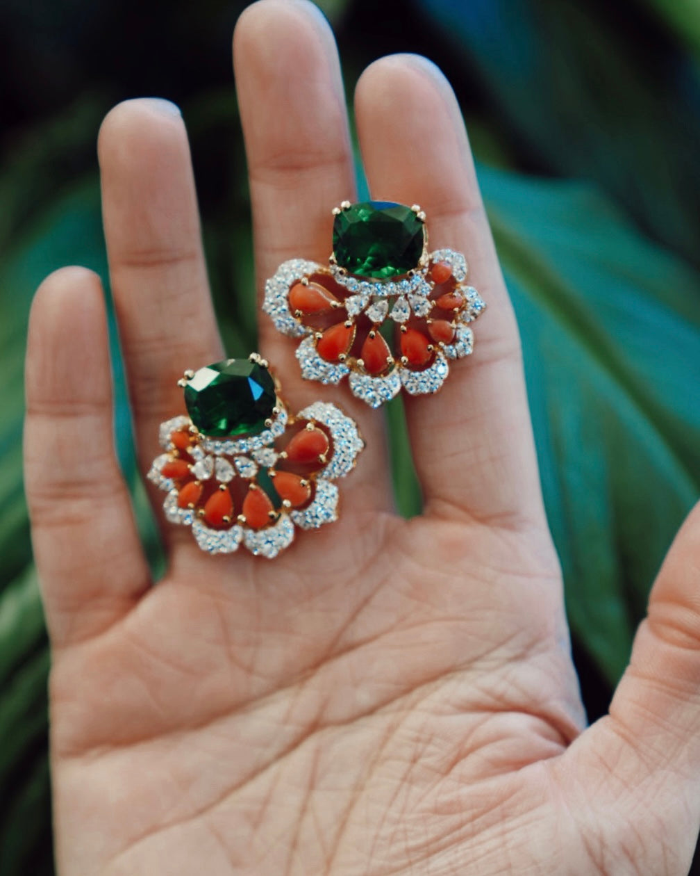 Apricity Green Zircon & Coral Stud Earrings