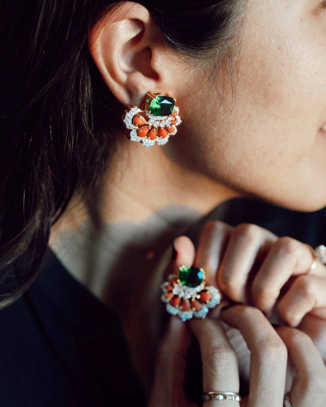 Apricity Green Zircon & Coral Stud Earrings
